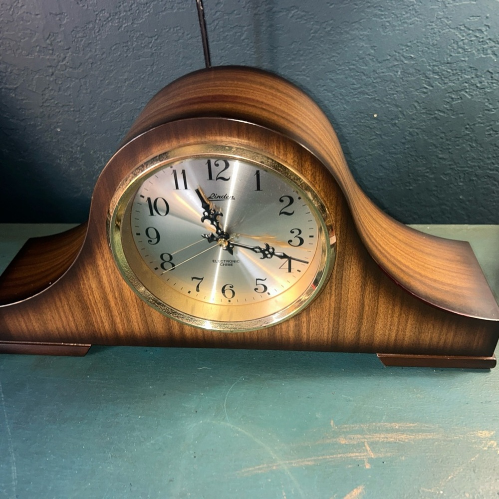 Linden Wood-Tone Mantel Clock with Gold Bezel